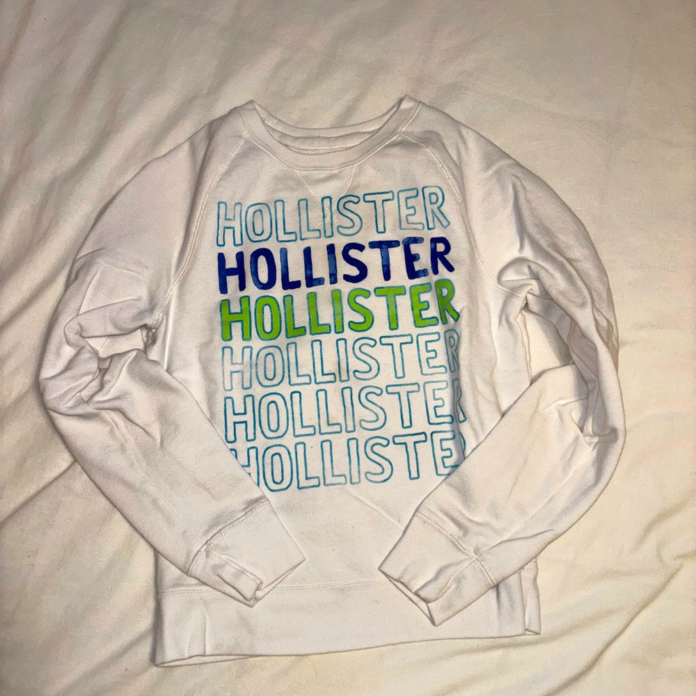 Hollister White Sweatshirt with Blue and Green Details